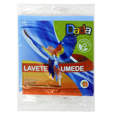 Set de 3 lavete umede universale marca Dada, fabricate din celuloză și bumbac, potrivite pentru spălarea vaselor și curățarea suprafețelor din ceramică, lemn sau metal