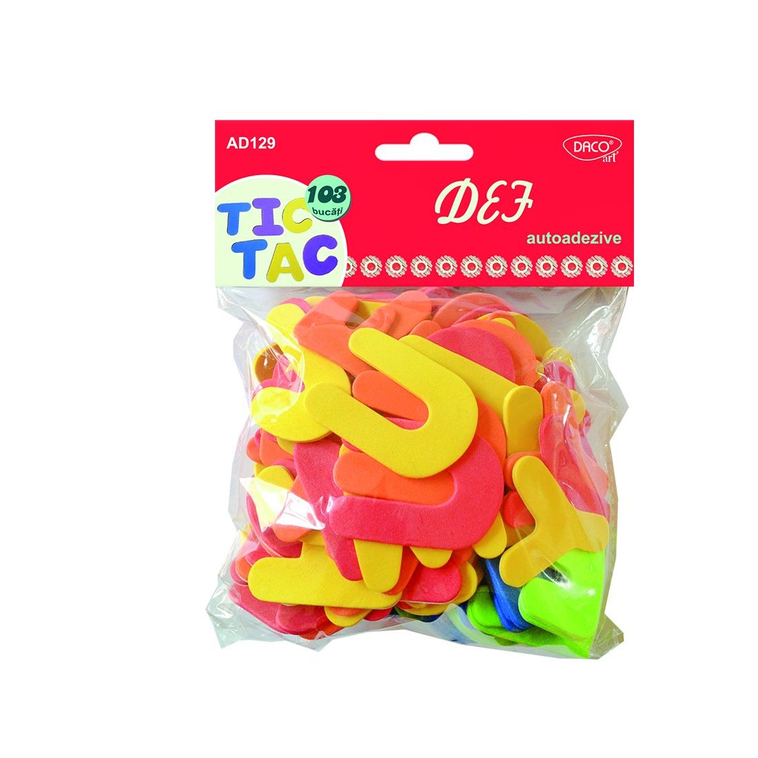 Set de 103 litere colorate din spumă autoadezivă pentru activități educative și craft, brand DACO Art, cod AD129