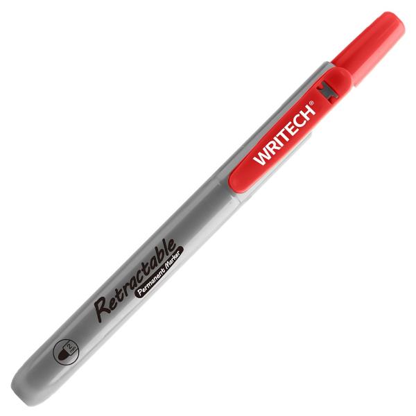 Marker permanent rosu retractabil Writech varf rotund 2mm sistem clicker fara capac reincarcabil rezistent la apa