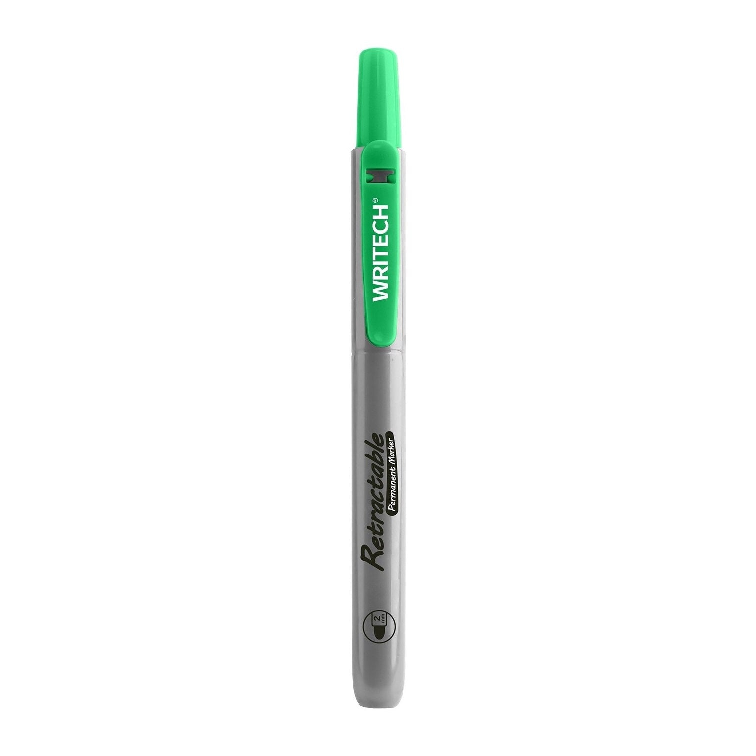 Marker permanent verde retractabil Writech varf rotund 2mm sistem clicker fara capac reincarcabil rezistent la apa