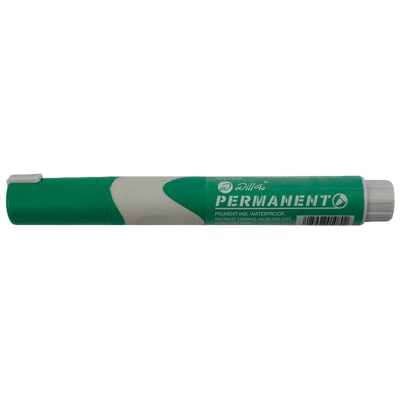Marker permanent verde Willgo cu rubber grip gri varf rotund 1-3mm scriere pe metal plastic sticla rezistent la apa
