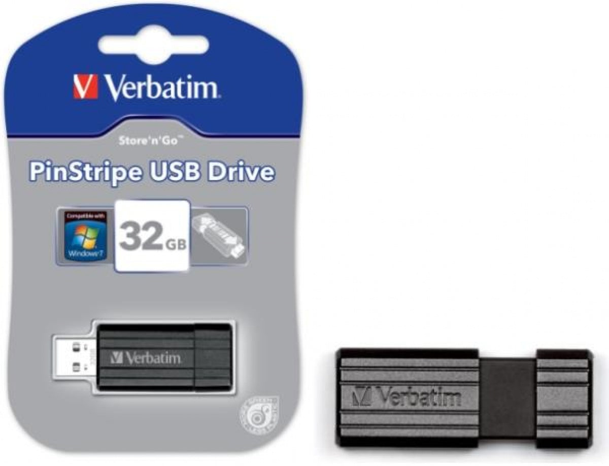 Memorie USB Flash Verbatim PinStripe de 32 GB cu sistem glisant în culoare neagră
