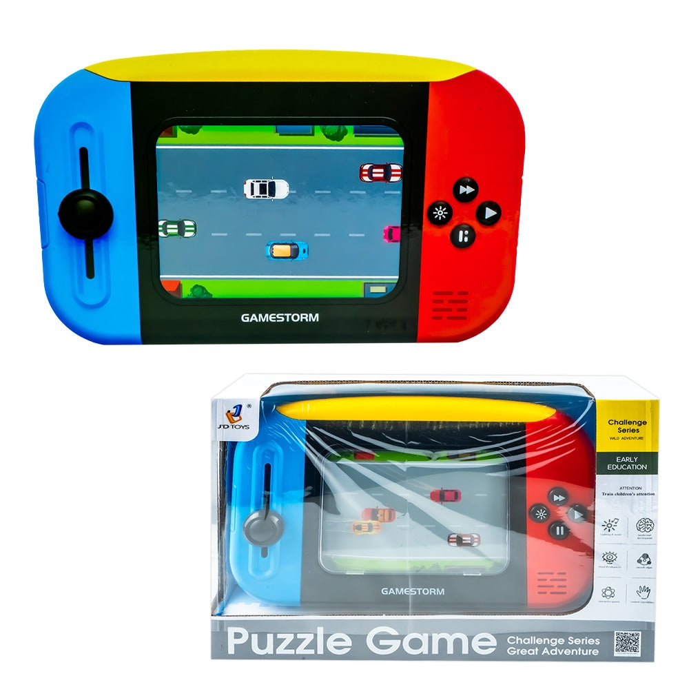 Mini consolă portabilă de jocuri pentru copii cu cursă interactivă, lumini și sunete pentru educație timpurie.