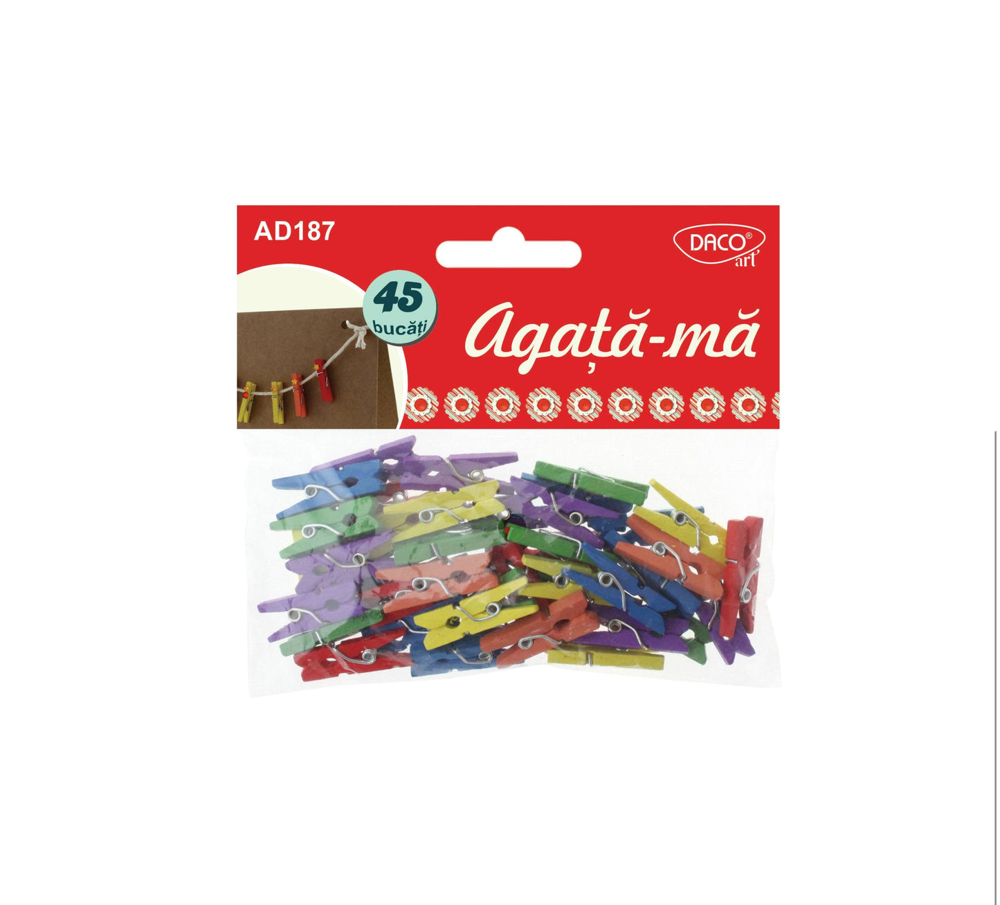 Set de 45 de mini-pișcători din lemn colorat din gama Agață-mă de la DACOart, lungime 2.5 cm, în 6 variante de culori pentru proiecte craft și panouri foto