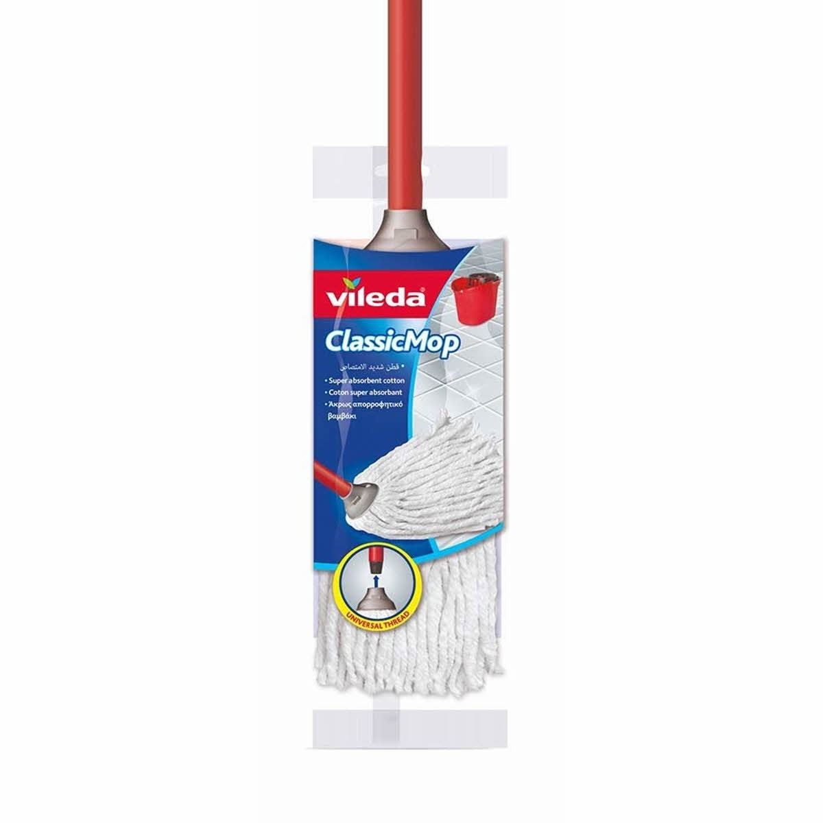 Mop clasic Vileda din bumbac alb cu mâner metalic roșu de 130 cm, special conceput pentru curățarea delicată a podelelor și parchetului.