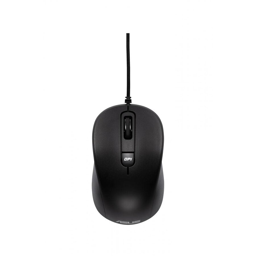 Mouse optic cu fir USB ASUS MU101C de 1000 DPI în culoare neagră.