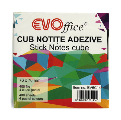 Notes autoadeziv cub color 76*76 mm, 400 file, 4 culori pastel EVOffice