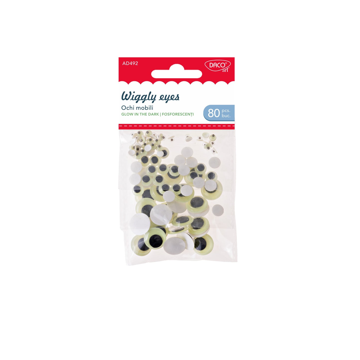 Set de 80 ochi mobili fosforescenți autoadezivi DACO Art, dimensiuni 5mm, 8mm și 15mm, accesorii craft care luminează în întuneric, cod AD492