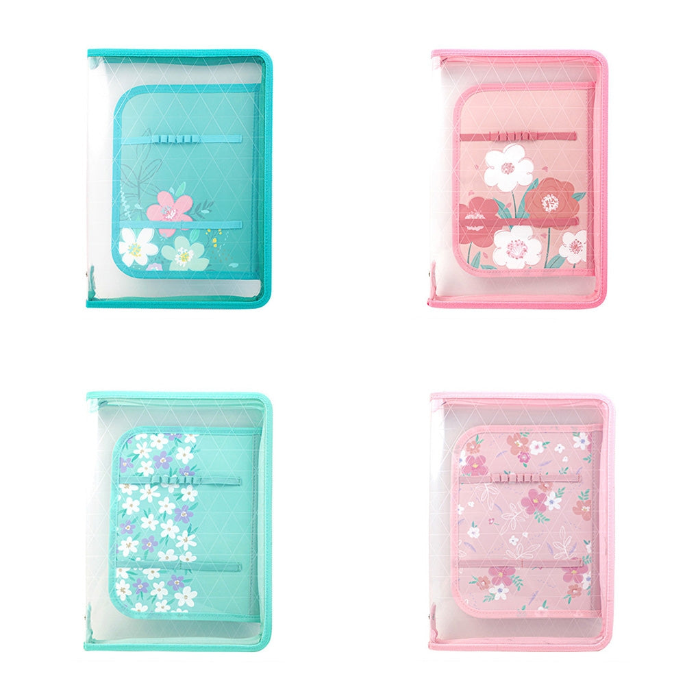 Organizer A4 transparent Offishop cu fermoar si extensie interioara cu elastice pentru instrumente de scris design floral