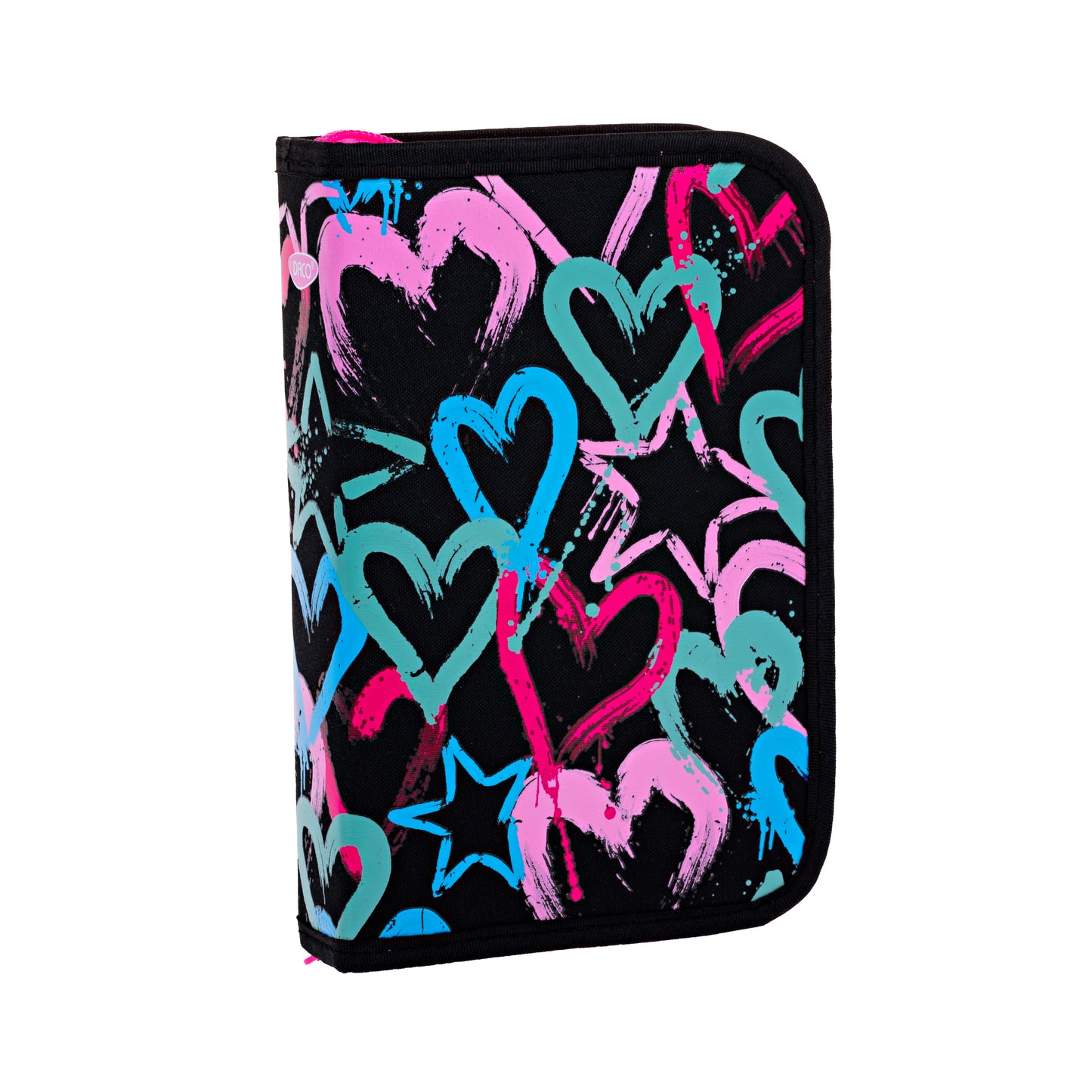 Penar scolar neechipat DACO model PE1951 negru cu design graffiti multicolor stelute si inimioare un compartiment cu doua extensii rabatabile si suporturi elastice