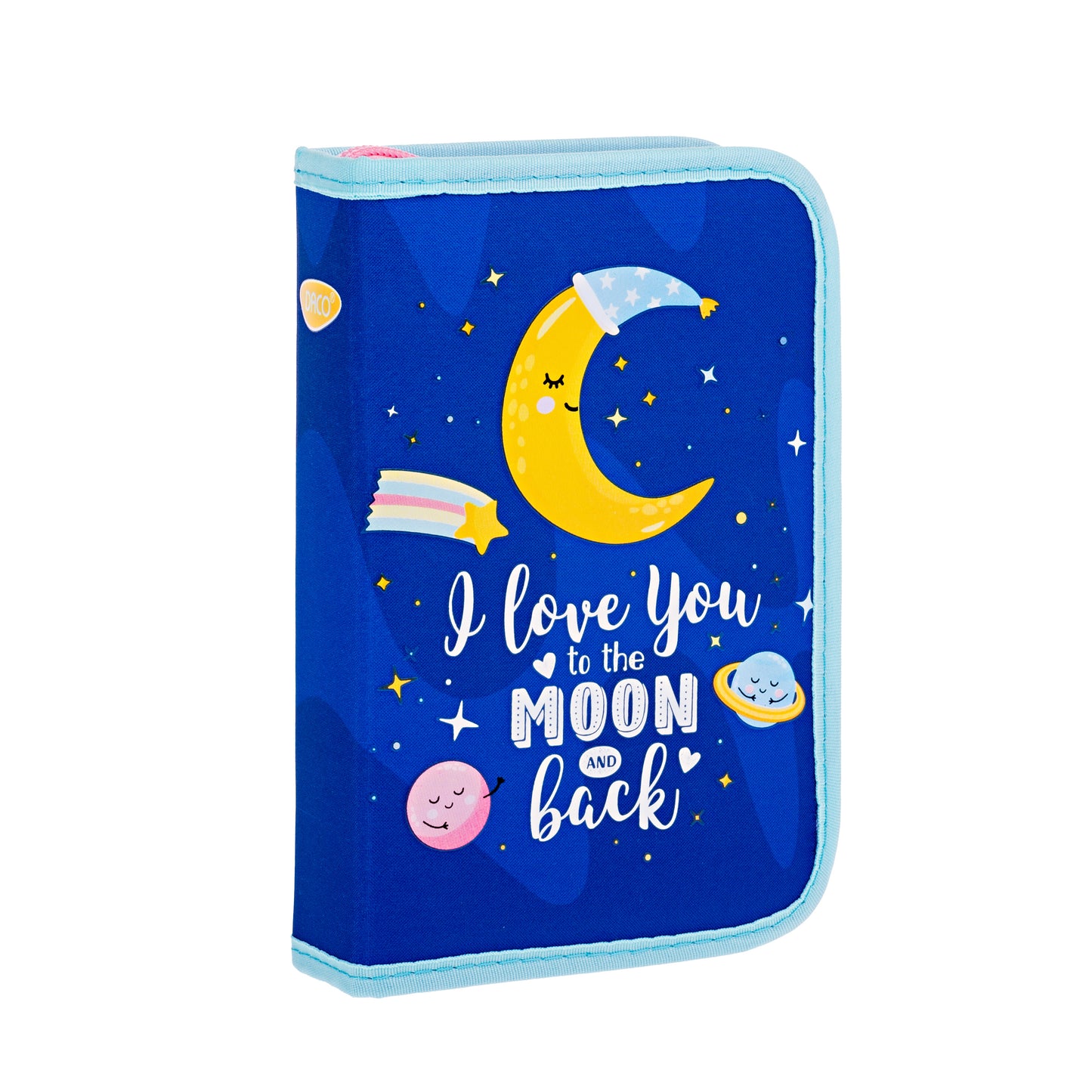 Penar scolar neechipat DACO model PE1952 culoare albastru cer cu imprimeu cosmic luna si stele un compartiment cu doua extensii si suporturi elastice