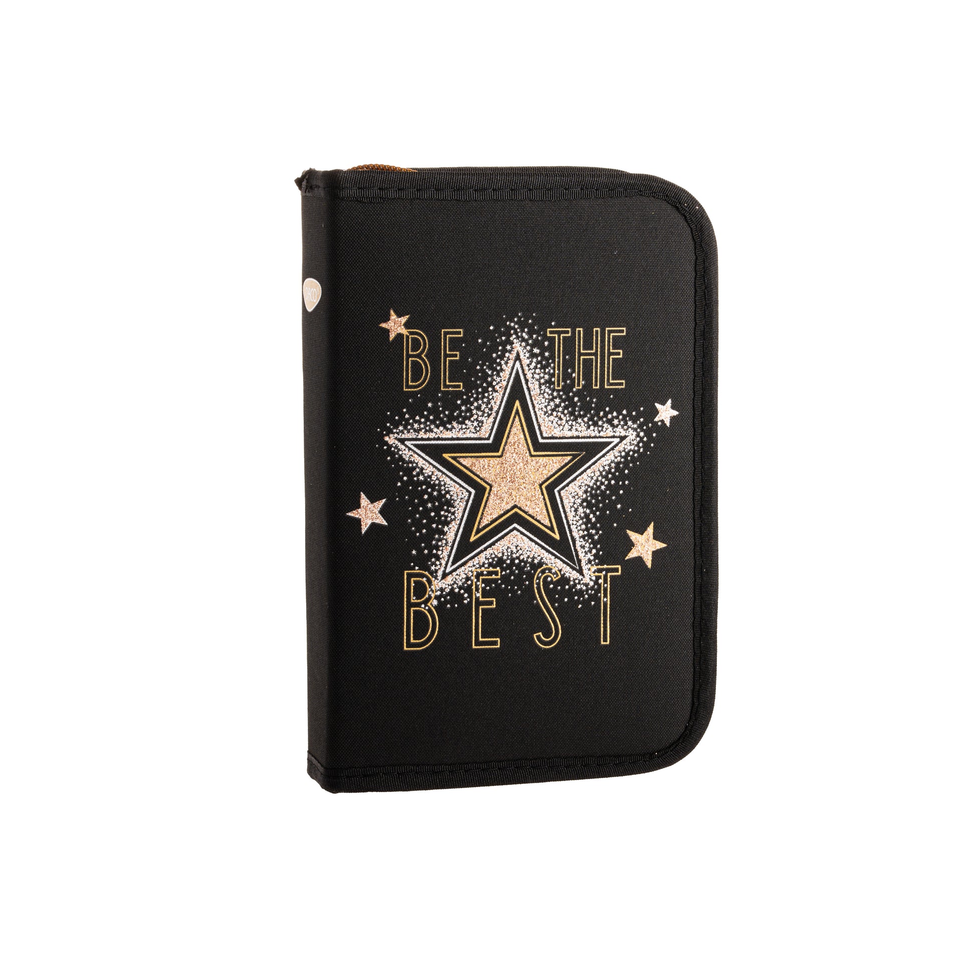 Penar scolar neechipat DACO model PE1957 negru cu text motivational Be the Best si stea un compartiment cu doua extensii si suporturi elastice