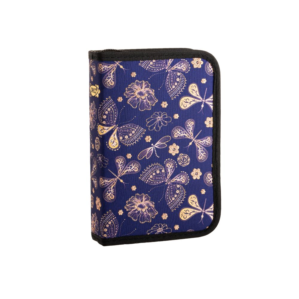Penar scolar neechipat DACO model PE1959 culoare bleumarin cu imprimeu fluturi aurii un compartiment cu doua extensii si suporturi elastice