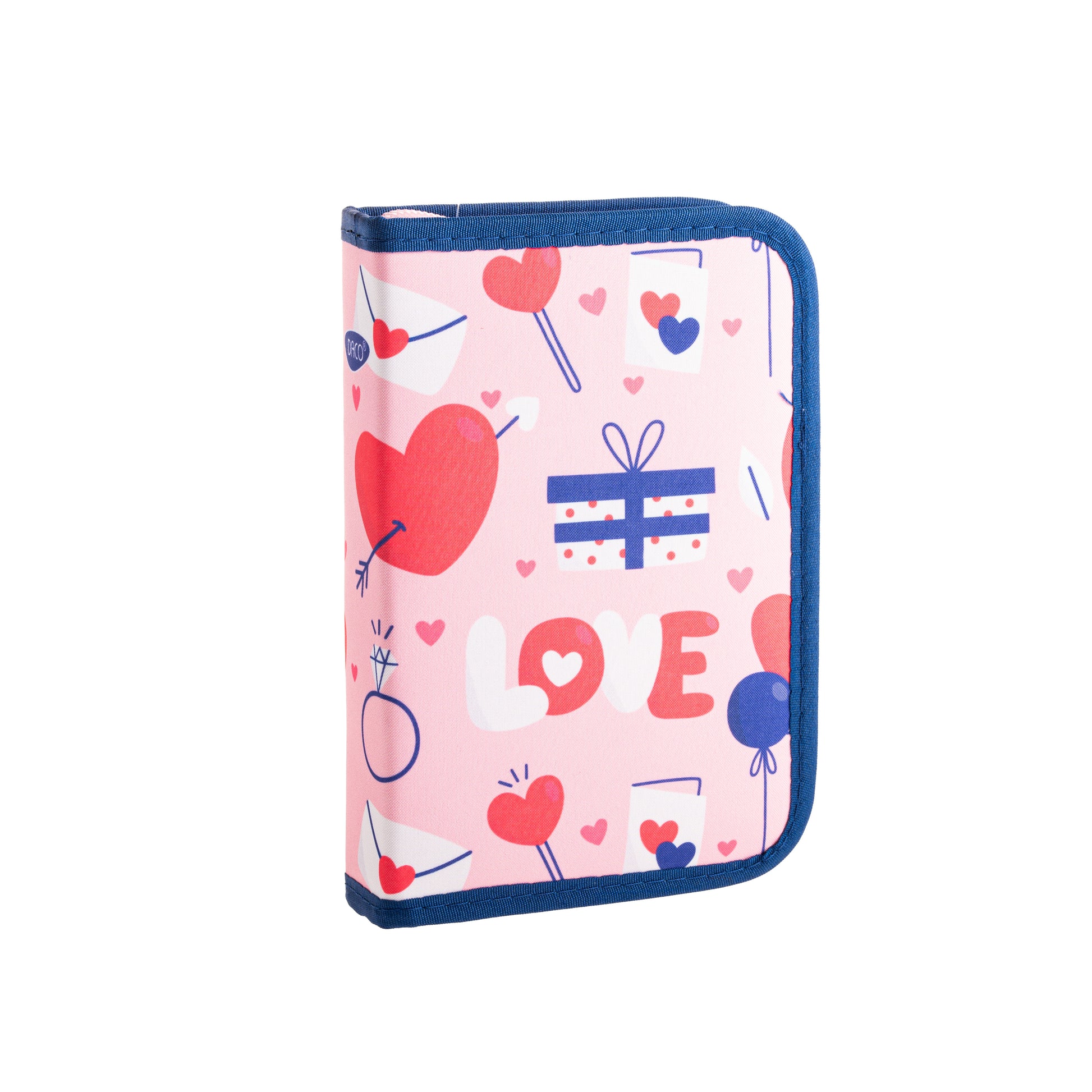 Penar scolar neechipat DACO model PE1960 culoare roz cu imprimeu inimi si mesaj LOVE un compartiment cu doua extensii rabatabile si suporturi elastice