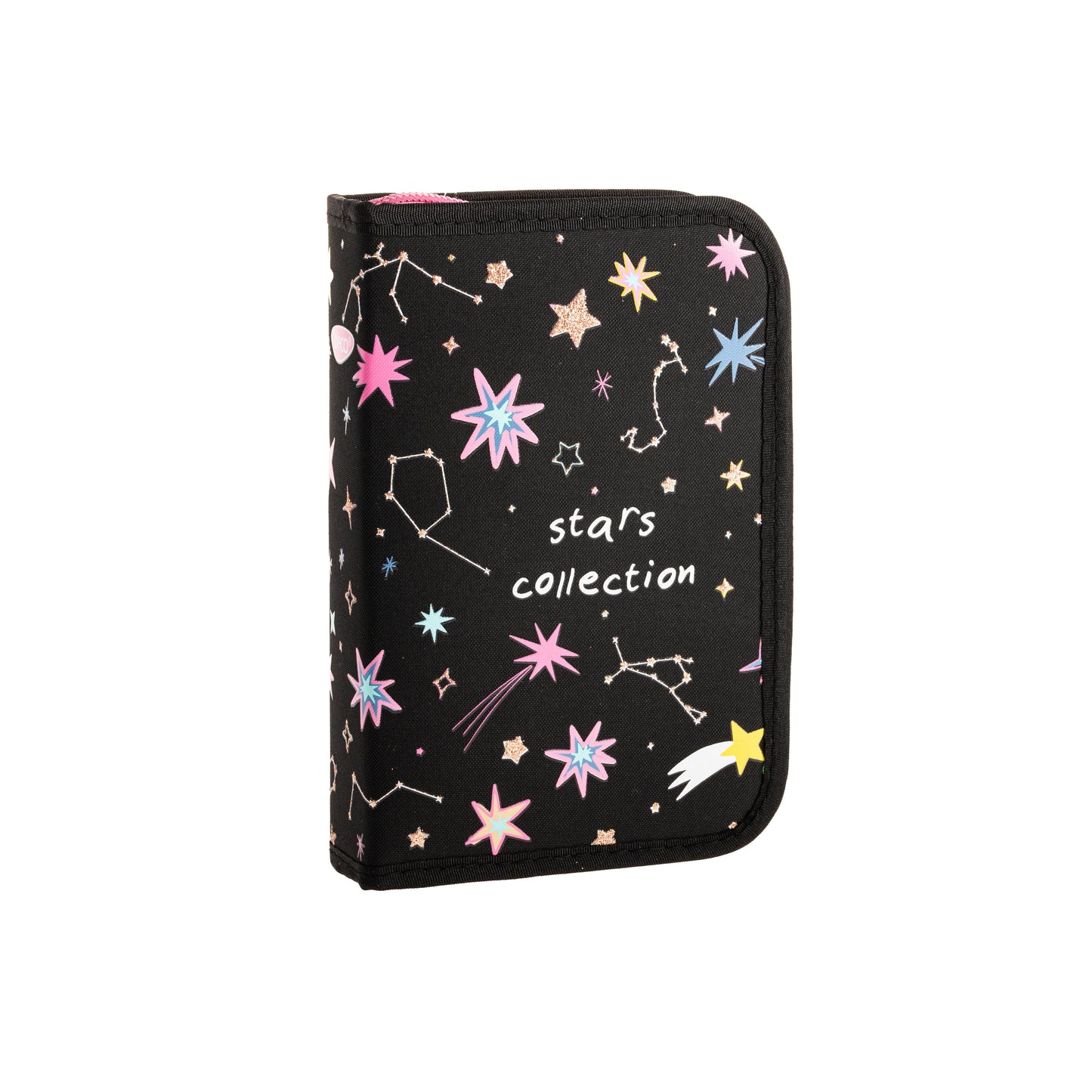 Penar scolar neechipat DACO model PE1961 culoare negru cu imprimeu stele si constelatii Stars Collection un compartiment cu doua extensii si suporturi elastice