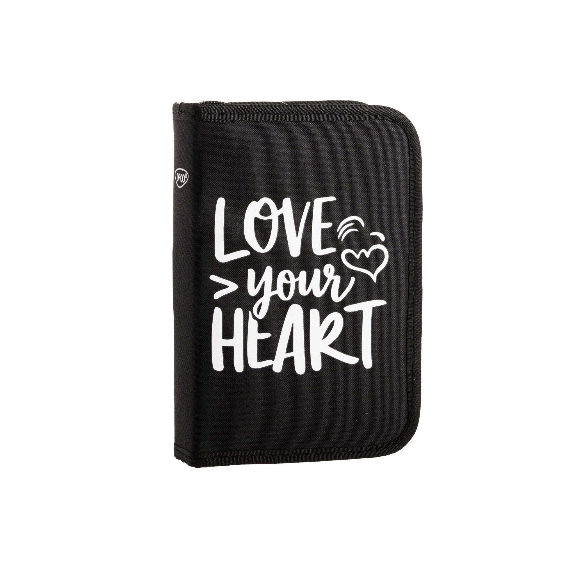 Penar scolar neechipat DACO model PE1964 culoare negru cu mesaj Love Your Heart alb un compartiment cu doua extensii rabatabile si suporturi elastice