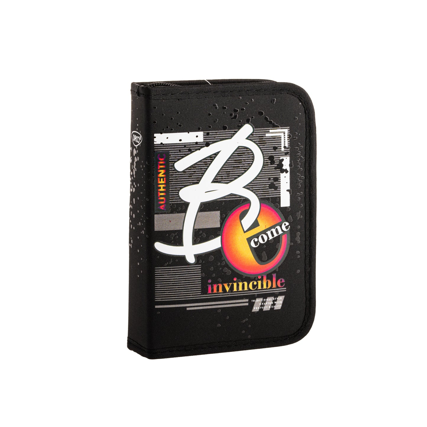 Penar scolar neechipat DACO model PE1966 culoare negru cu mesaj motivational Become Invincible un compartiment cu doua extensii rabatabile si suporturi elastice