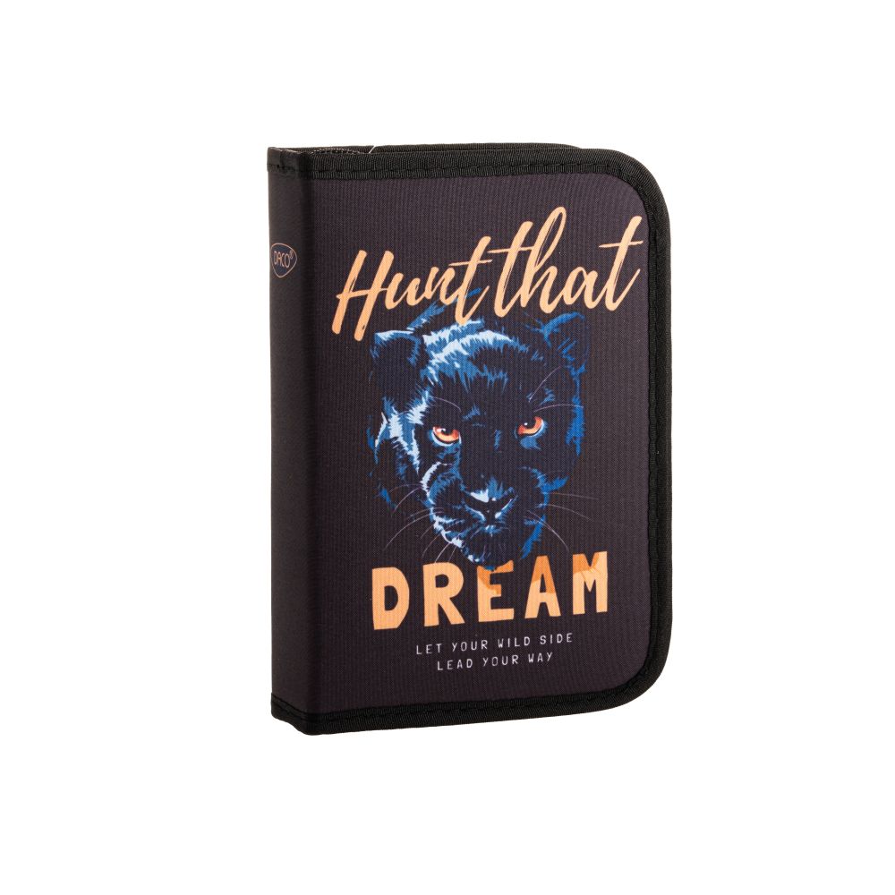 Penar scolar neechipat DACO model PE1968 negru cu imprimeu pantera si mesaj Hunt That Dream un compartiment cu doua extensii si suporturi elastice