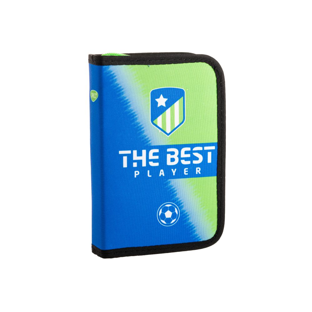 Penar scolar neechipat DACO model PE1970 design fotbal The Best Player culori albastru si verde neon un compartiment cu doua extensii rabatabile