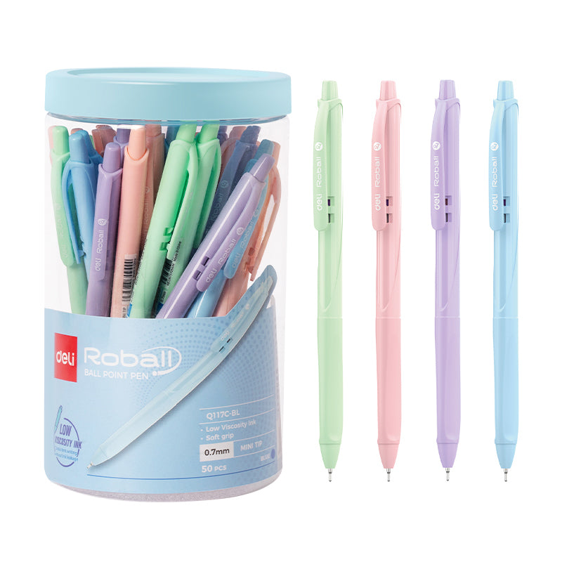 Pix cu mecanism Deli Roball 0.7 mm cu corp pastel albastru și grip cauciucat pentru birou și școală