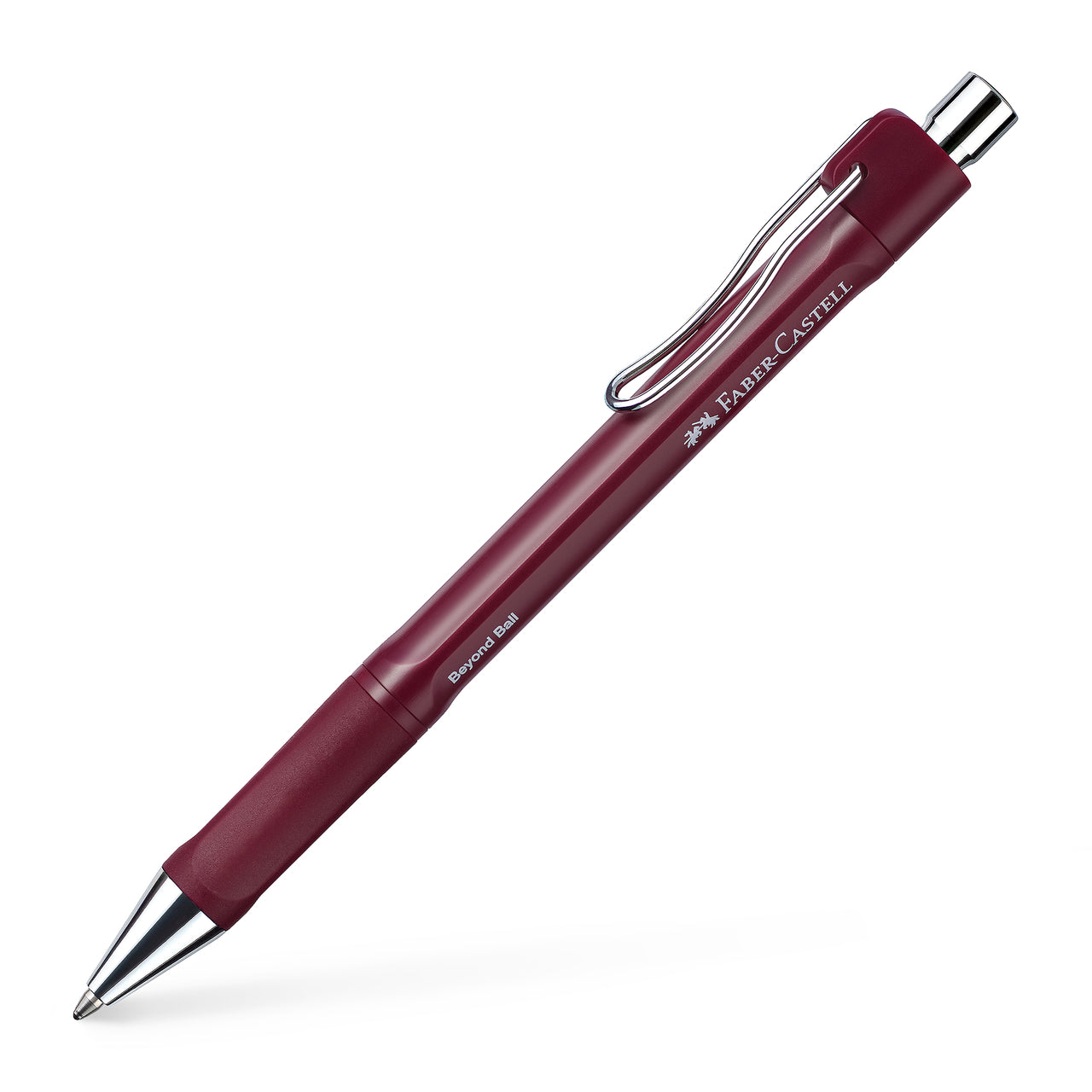 Pix cu mecanism retractabil Faber-Castell Beyond de culoare roșie, cu zonă de prindere cauciucată ergonomică și clips metalic, realizat din plastic reciclat