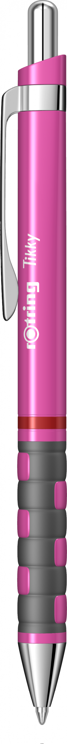 Pix mecanic Rotring Tikky 3 de culoare roz neon stralucitor, cu accesorii din oțel inoxidabil cromat, inel roșu distinctiv și grip din cauciuc