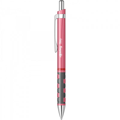 Pix mecanic Rotring Tikky 3 cu finisaj elegant roz sidefat, accesorii din oțel inoxidabil cromat, inel roșu distinctiv și grip ergonomic din cauciuc