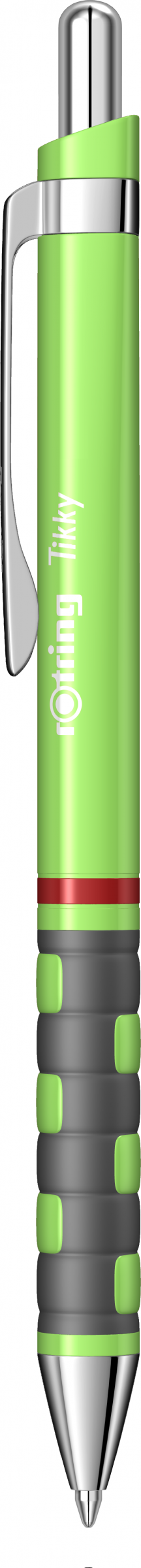 Pix mecanic Rotring Tikky 3 de culoare verde neon stralucitor, cu accesorii din oțel inoxidabil cromat, inel roșu distinctiv și grip din cauciuc.