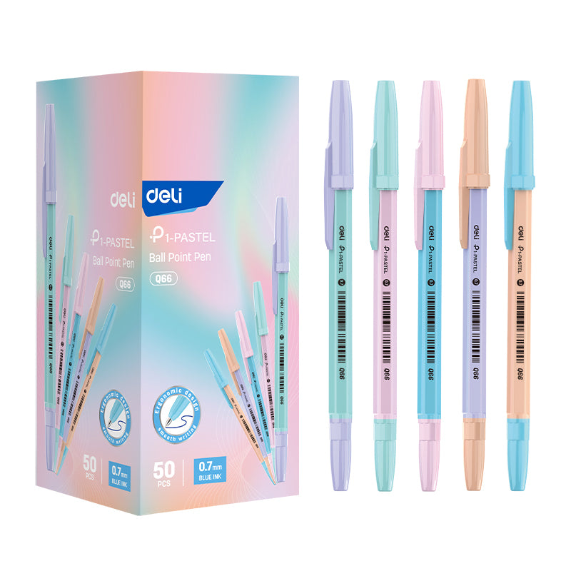 Pix de unică folosință Deli Q66 0.7 mm cu corp hexagonal în culori pastel și cerneală albastră pentru birou și școală.