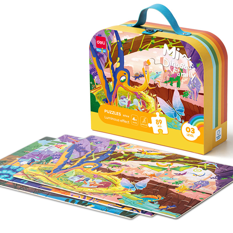 Puzzle cu geantă cadou și efect luminos Dinozauri 89 piese Deli pentru copii.