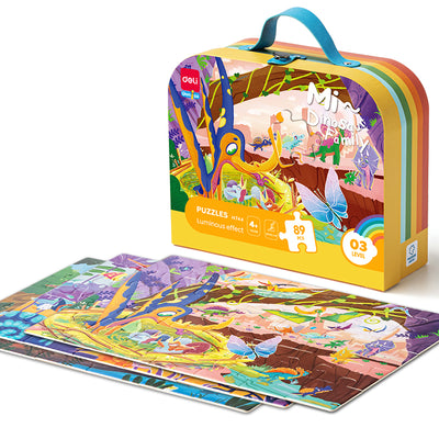 Puzzle cu geantă cadou și efect luminos Dinozauri 89 piese Deli pentru copii.