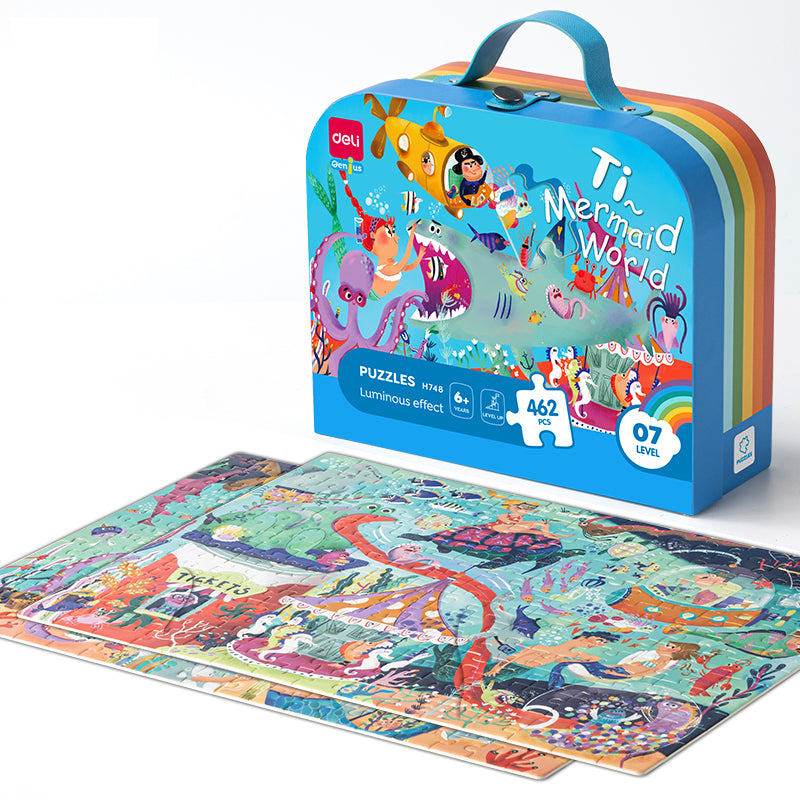 Puzzle cu geantă cadou și efect luminos Lumea Marină 462 piese Deli pentru copii.
