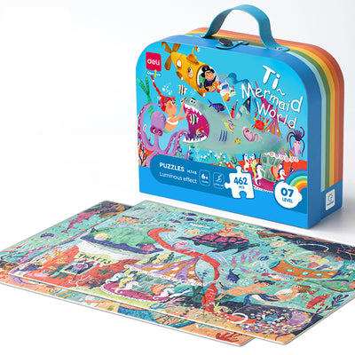 Puzzle cu geantă cadou și efect luminos Lumea Marină 462 piese Deli pentru copii.