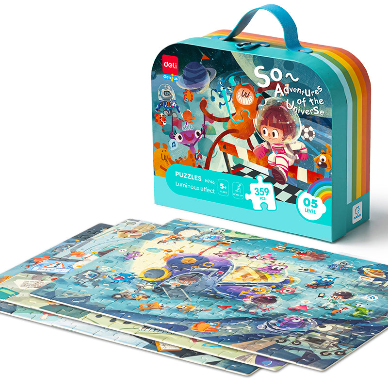 Puzzle cu geantă cadou și efect luminos Univers 359 piese Deli cu tematică spațială pentru copii