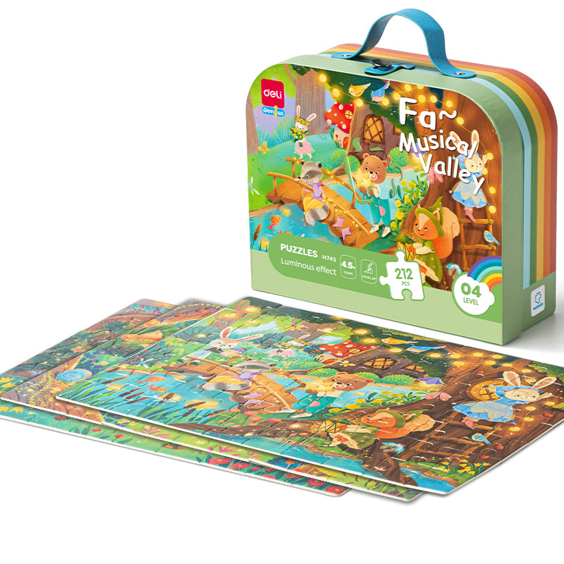 Puzzle cu geantă cadou și efect luminos Valea Muzicală 212 piese Deli pentru copii.