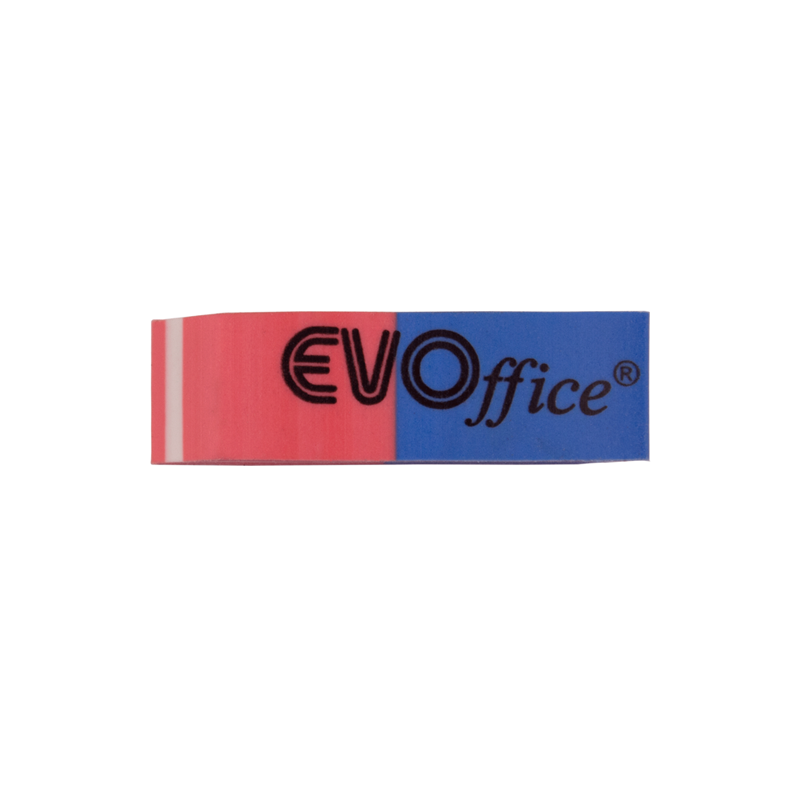 Radiera bicolora EVOffice dimensiuni mici 45x14x8 mm forma dreptunghiulara cu laturi tesite din cauciuc