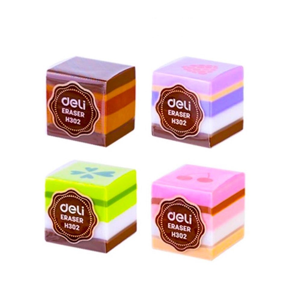 Radieră pentru creion Deli cu motive prăjituri, formă cubică, non-toxică, pentru școală și desen