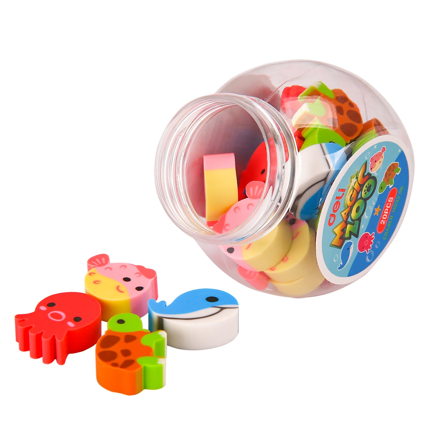 Set 20 radiere mini în formă de animale Deli Mini Zoo ambalate în borcan de plastic pentru școală.