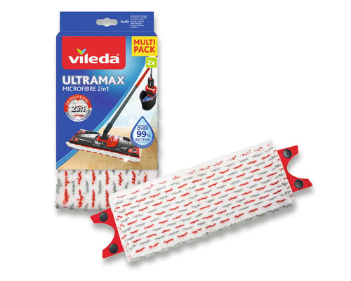 Rezervă de mop plat Vileda Ultramax din microfibră albă cu fibre roșii, prevăzută cu 4 capse pentru fixare, ideală pentru curățarea parchetului laminat