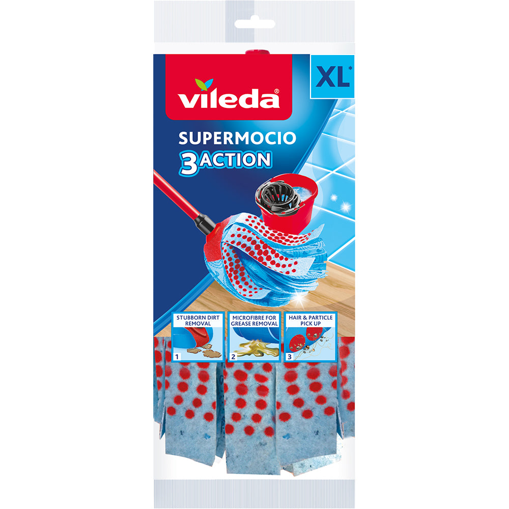 Rezervă mop Vileda 3Action cu fibre tricolore și tehnologie 3D pentru colectarea părului și a murdăriei, compatibilă cu sistemul Euroclick.