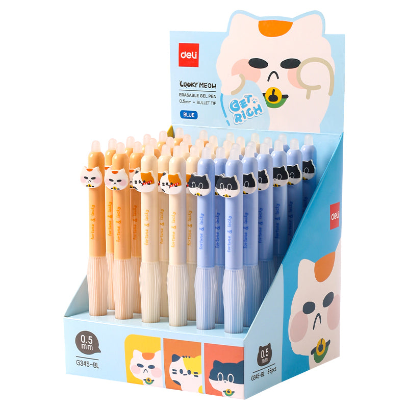 Roller erasable Deli 0.5 mm albastru cu motiv pisici și cerneală termosensibilă pentru școală și birou.