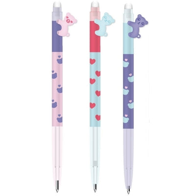 Roller gel retractabil cu cerneală termosensibilă M&G Adorable Pet de 0.4 mm cu clip în formă de ursuleț și gumă de șters.