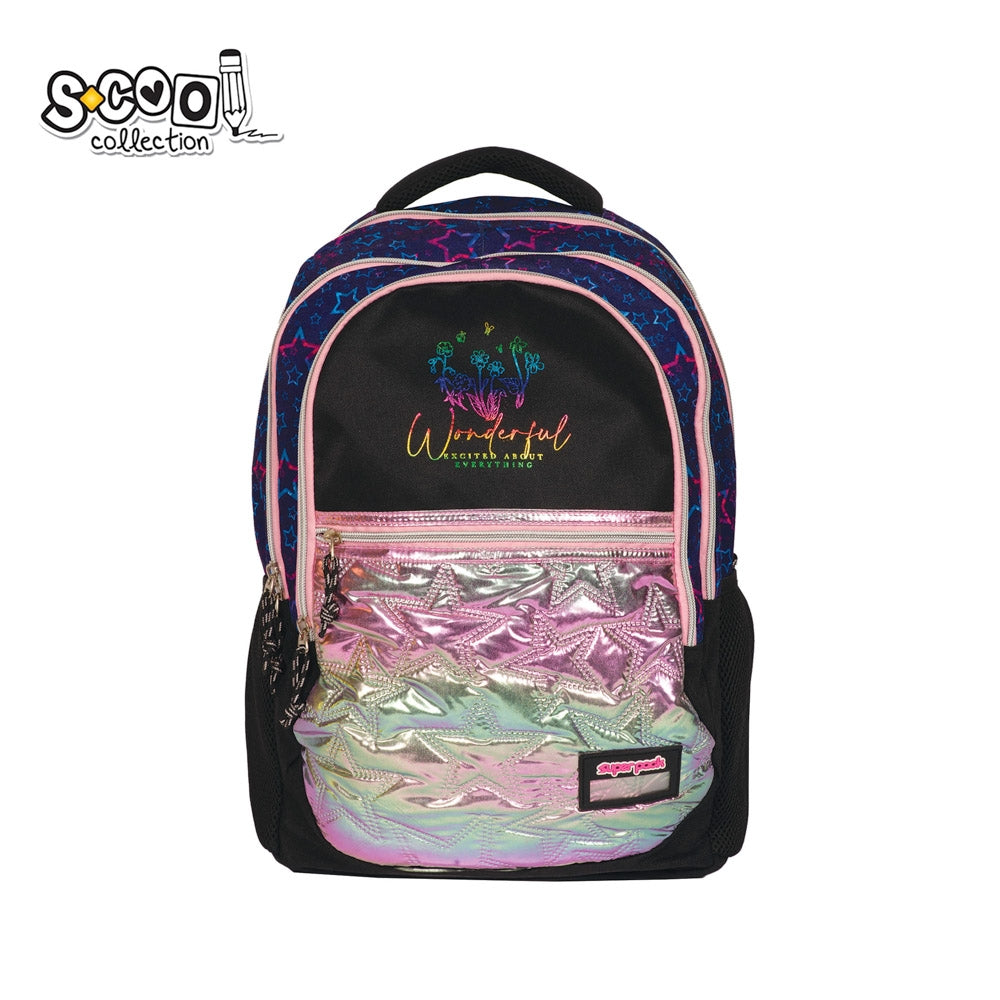 Rucsac fete S-COOL model SUPERPACK Stars 46 cm cu compartiment laptop buzunar saten matlasat cu stelute imprimeu metalizat spate ergonomic si greutate 0.42kg