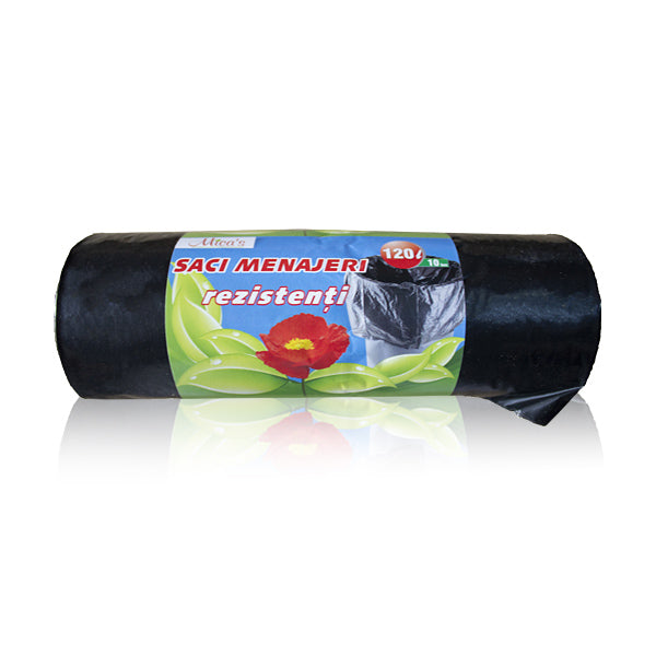 Rolă de 10 saci menajeri negri de 120 litri, fabricați din material dens și rezistent, potriviți pentru colectarea deșeurilor menajere în pubele mari.