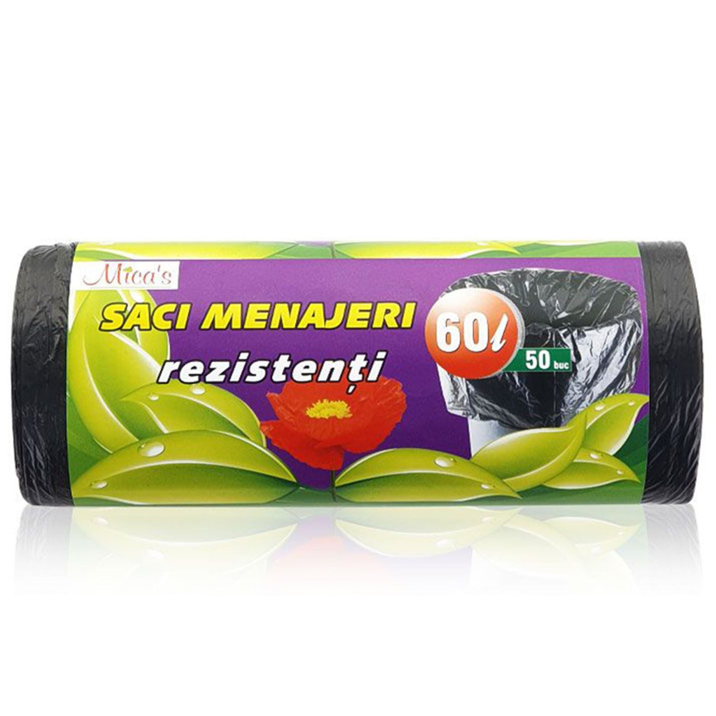 Rolă de 50 saci menajeri negri de 60 litri, fabricați din material rezistent, ideali pentru pubele medii de bucătărie sau birou.