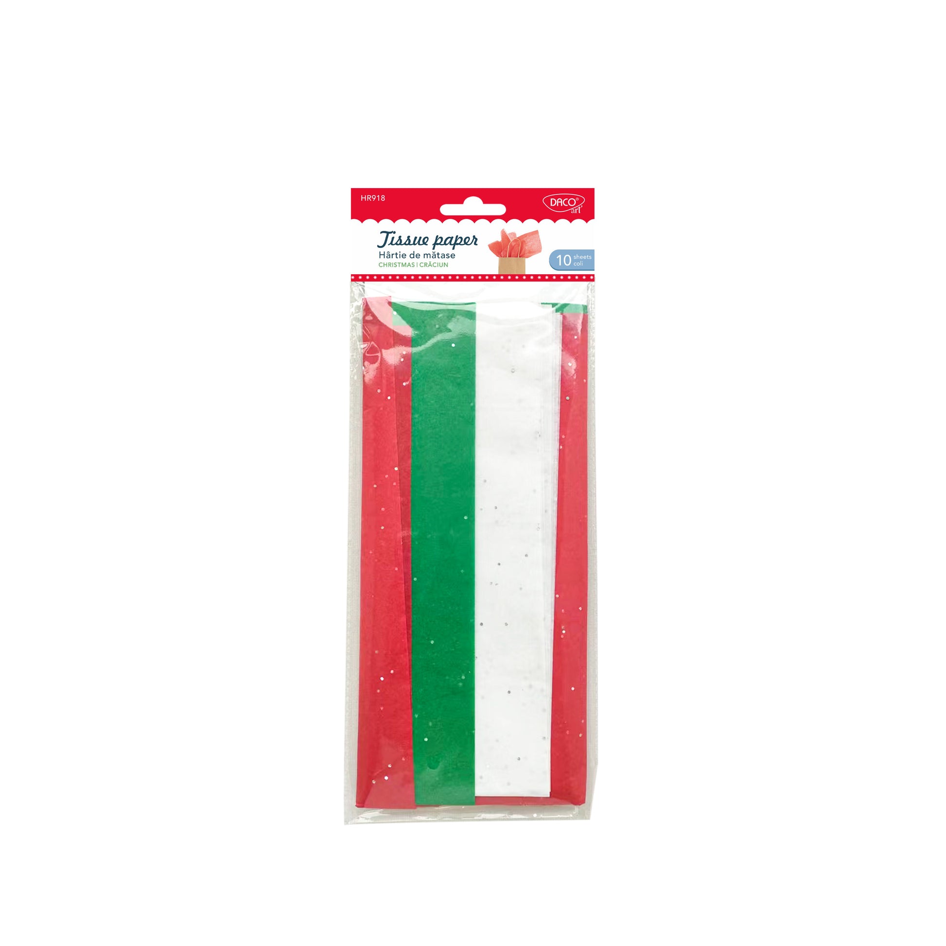 Set de 10 coli de hârtie de mătase de Crăciun DACOart (50.8x50.8 cm) în 3 culori tematice, ideală pentru ambalarea elegantă a cadourilor și proiecte handmade de iarnă