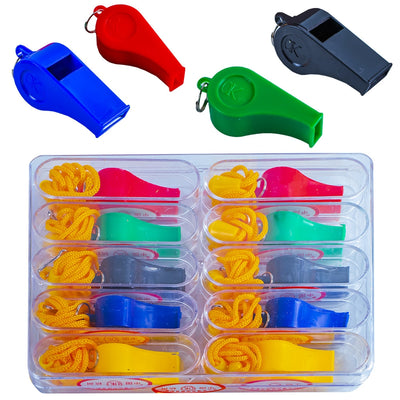 Set de 10 fluiere colorate din plastic ABS cu șnur și cutii transparente pentru sport și școală.