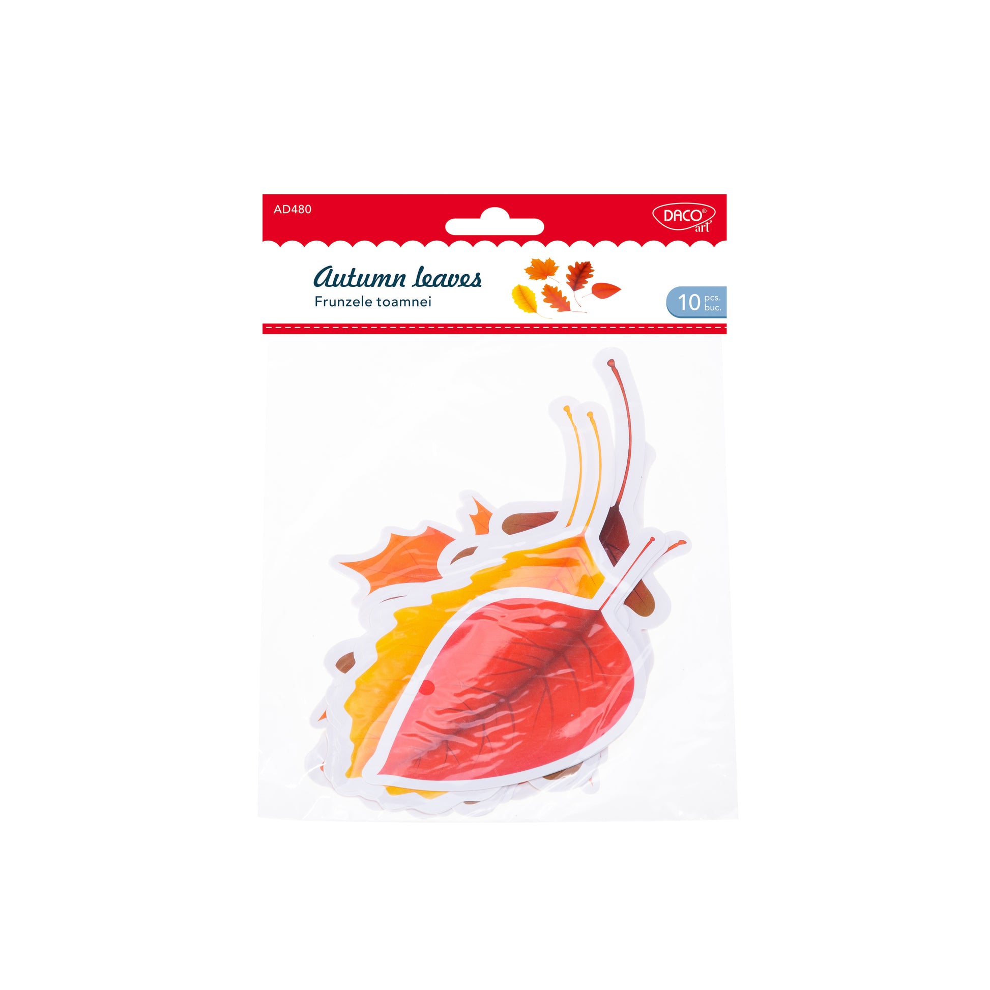 Set de 10 frunze decorative din carton Dacoart cu forme și dimensiuni variate, ideale pentru decorațiuni de toamnă, proiecte handmade și activități educative