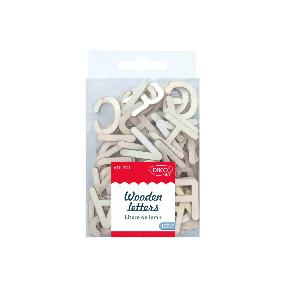 Set de 100 litere decorative din lemn natur Dacoart, înălțime 4 cm, ideale pentru personalizarea cadourilor, tablouri cu nume și proiecte DIY