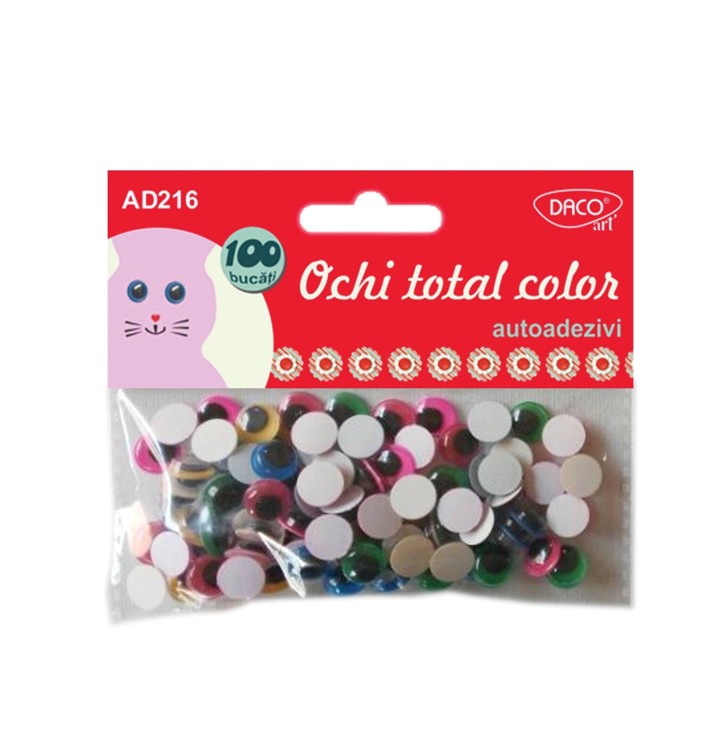 Set de 100 ochi autoadezivi în culori vibrante Dacoart, de 1 cm, ideali pentru decorarea jucăriilor și a figurinelor handmade.